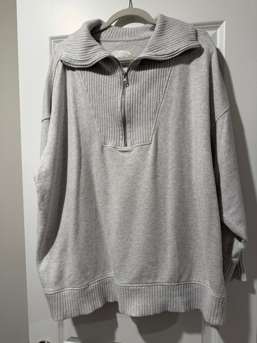 aerie Light Gray Half-Zip Ribbed Pullover Sweatshirt